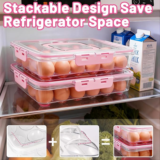 RoskDeewat Deviled Egg Containers with Lid, 2 Pack Thick Clear Plastic Deviled Carrier with Handle Storage 48 Eggs, Stackable Egg Holder Portable Tray Platter for Fridge, Travel, Party-Pink