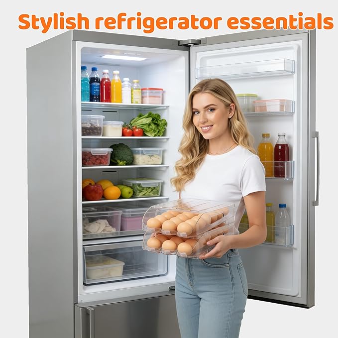 SMRCAD Egg Holder for Fridge, Automatic Steady Rolling Egg Dispenser with Silicone Bumpers & Handle for Refrigerator, Large Capacity Egg Organizer with Lid