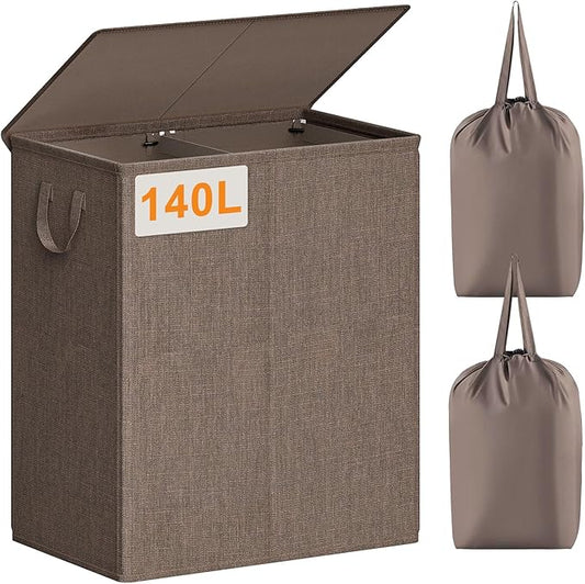 Chrislley 140L Laundry Hamper 2 Section, Double Laundry Basket with Lid, Large Dirty Clothes Hamper with Removable Liner Bags, Collapsible Laundry Organizer for Bedroom, Dorm,Brown