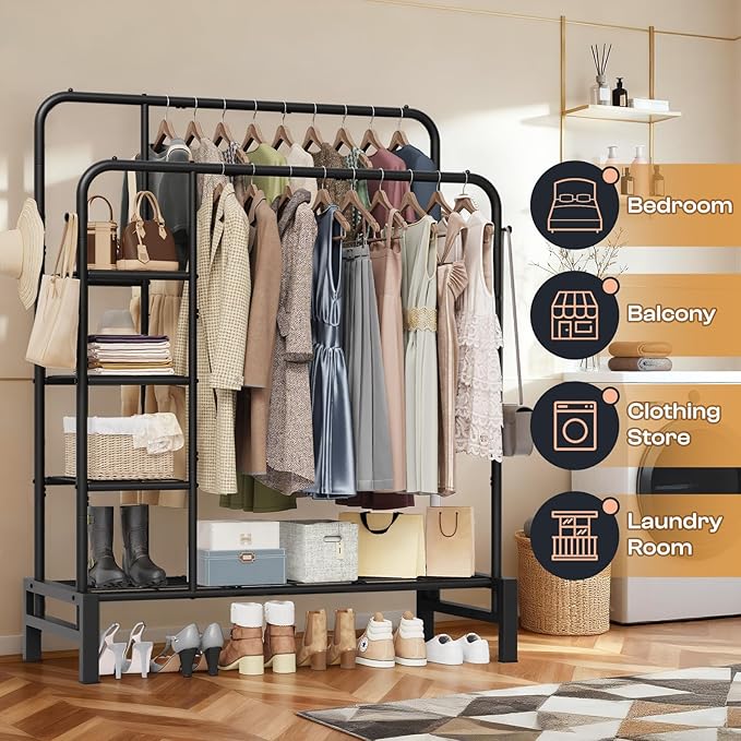 Clothes Rack for Hanging Clothes, Double Rods Clothing Rack with 3 Tier Storage Shelves, Multifunctional Heavy Duty Garment Rack for Bedroom, Laundry, Wardrobe Closet, Black