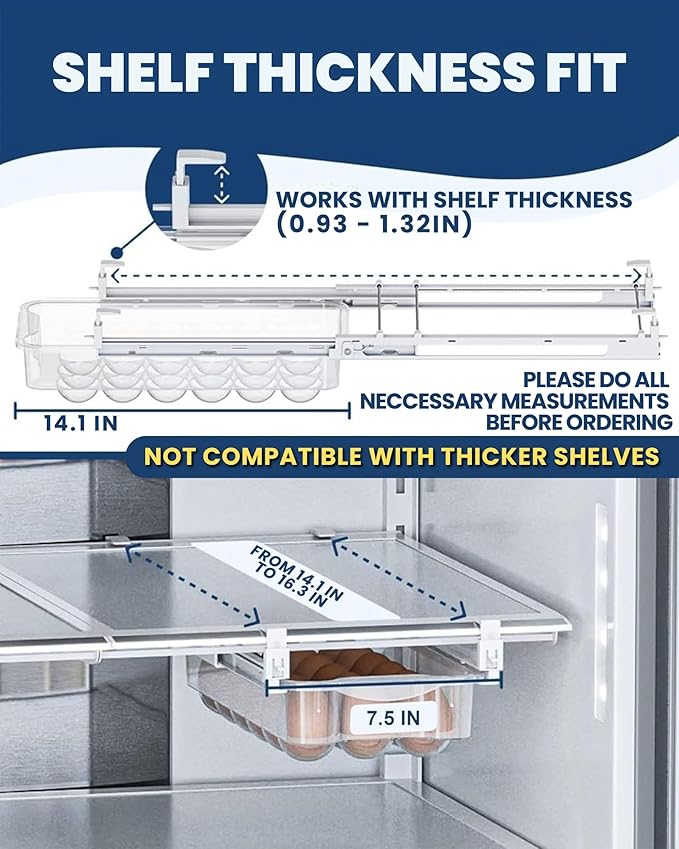 TidyFriend 2 Pack Refrigerator Egg Drawer 14"x7.5"x3.95" – Snap-On Egg Holder with Pull-Out Drawer, Holds 18 Eggs, Fits Flat Fridge Shelves 14.1–16.3 in Long and 0.93–1.32 in Thick
