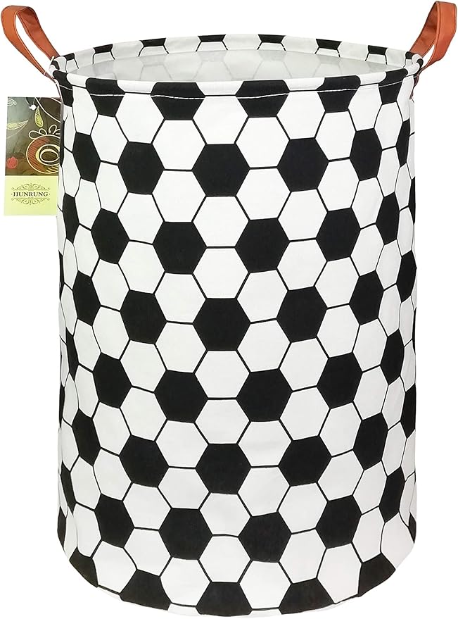 HUNRUNG Collapsible Fabric Storage Basket, Waterproof Laundry Hamper with Handles, Round Storage Bin for Clothes Toys, Foldable Organizer for Bedroom Nursery Bathroom(Roud-Football)