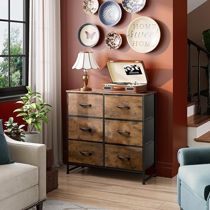 WLIVE Dresser for Bedroom with 6 Drawers, Closet Dresser with Metal Frame, Wooden Top, Fabric Dresser for Closet, Living Room, Hallway, Rustic Brown Wood Grain Print