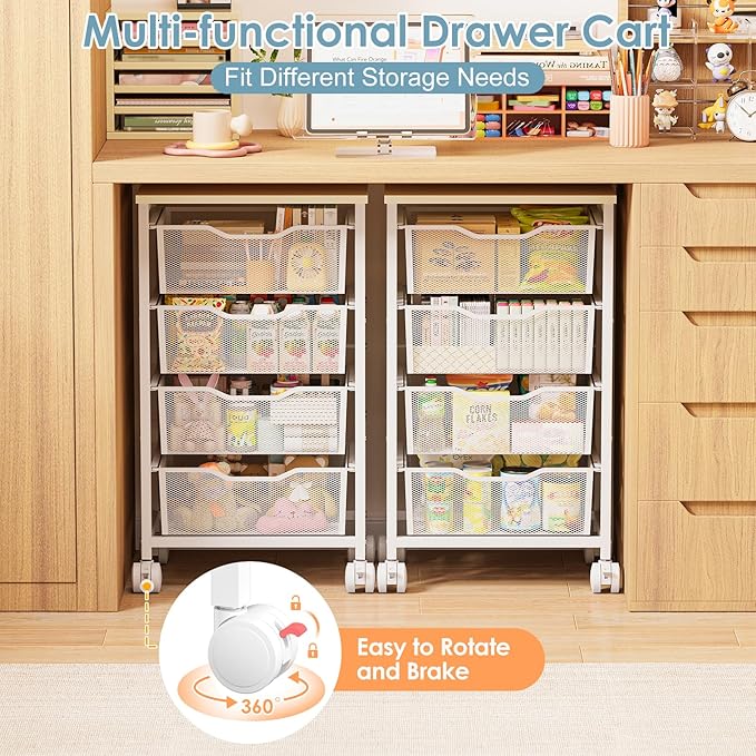 Sbanmao Utility Cart with 4 Drawers, Rolling Storage Cart, Metal Rolling Drawer Cart with Lockable Wheels and Wooden Tabletop, Craft Storage Art Cart for Living Room, Bedroom, Classroom, Office, White