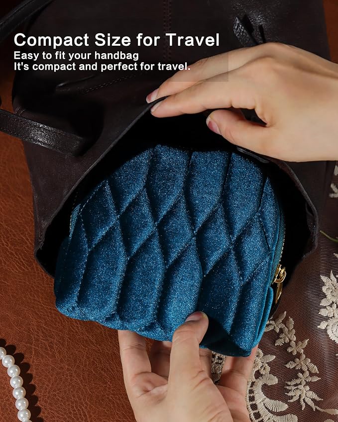 Small Travel Jewelry Case, Mini Travel Jewelry Bag with Zipper, 5-Layer Velvet Organizer Pouch for Bracelet Rings Earrings - Diamond Stitched Velvet Caramel
