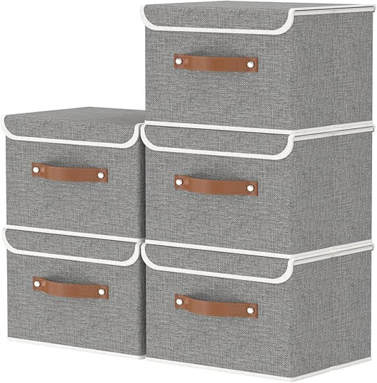 OUTBROS Fabric Storage Bins Cube Organizers with Flip-Top Lid and Handles,Storage Boxes for Organizing Home,Office,and Closet,Grey,5 Pack 10.2 x 7.9 x 6.7 in