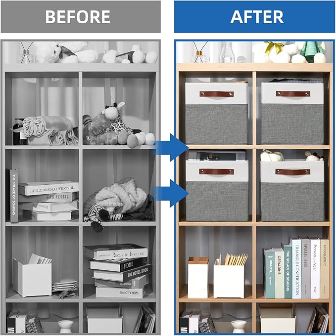 Temary Cube Storage Bins 4 Pack Storage Cubes 11?11 Fabric Storage Bins Foldable Cube Storage Baskets with Handles, Collapsible Storage Basket for Shelf (White & Grey, 11 x 11 x 11)