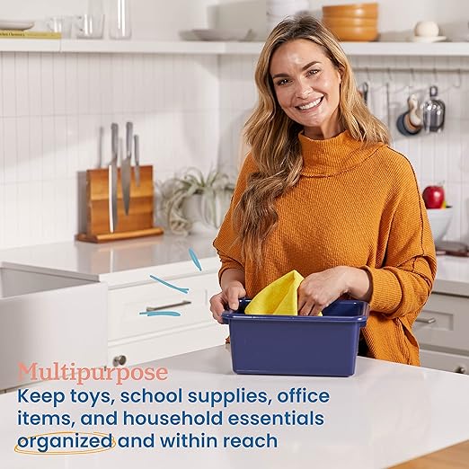 ECR4Kids Scoop Front Storage Bin, Multipurpose Organization, Navy, 15-Piece