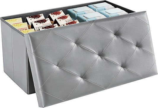 DUMOS 30 Inches Folding Ottoman with Storage Bench, Foot Rest Stool, End of Bed Storage Bench Upholstered, Load 660 lbs, for Living Room, Lychee Grain Leather, Grey