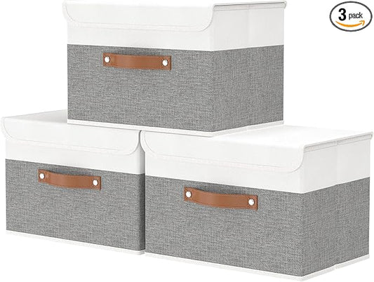 OUTBROS Large Cube Storage unit Boxes, Collapsible Bin with Lid, Linen Fabric Wardrobe Organiser, Baskets For Towels, Clothes, 17.7 x 11.8 x 11.8 inch (White/Grey, 3-Pack)