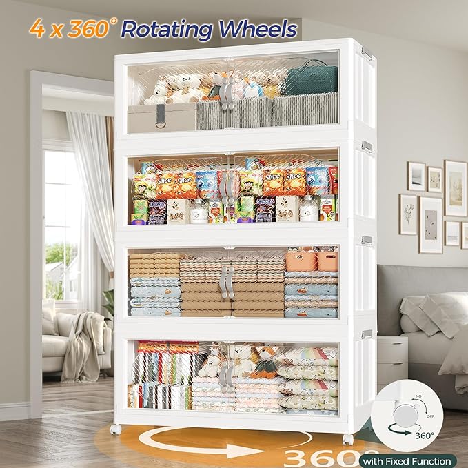 45GAL Plastic Storage Bins with Lid, 180QT Extra Large Stackable Closet Organizers and Storage, Collapsible Storage Boxes with Wheels, Folding Cabinet for Home Kitchen Office, 3Pack White