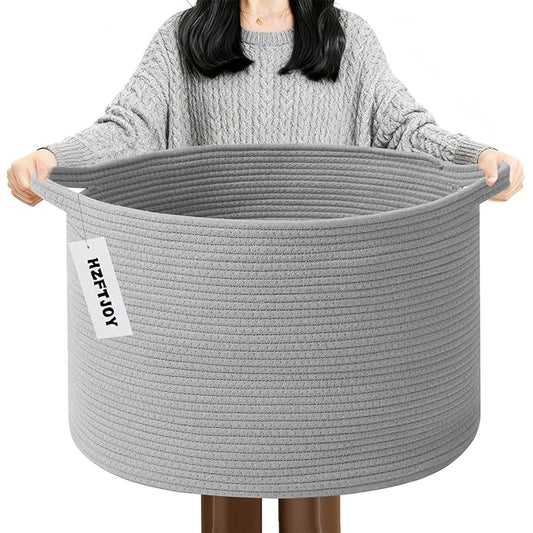 90L Extra Large Blanket Basket,Rope Woven Storage Basket with Handles, Laundry Hamper for Toys, Clothes, Pillows & Towels, Perfect for Living Room, Nursery & Bedroom,Light Grey