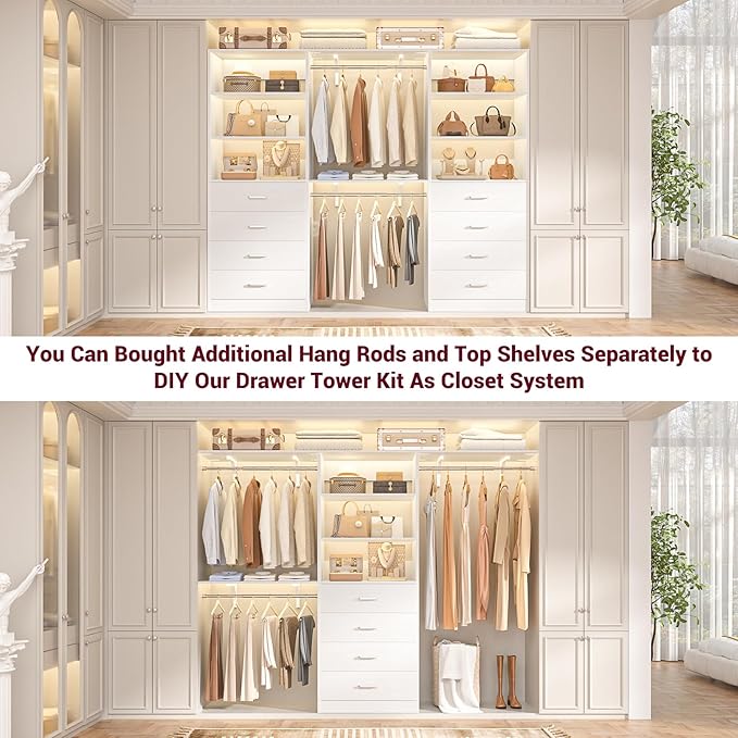 Aheaplus Closet Drawers Organizer System, 5.3FT Wood Closet System with 4 Drawers, Modular Walk-in Closets Storage Unit, Tall Bookshelf Storage Cabinet, White (3 Packs)