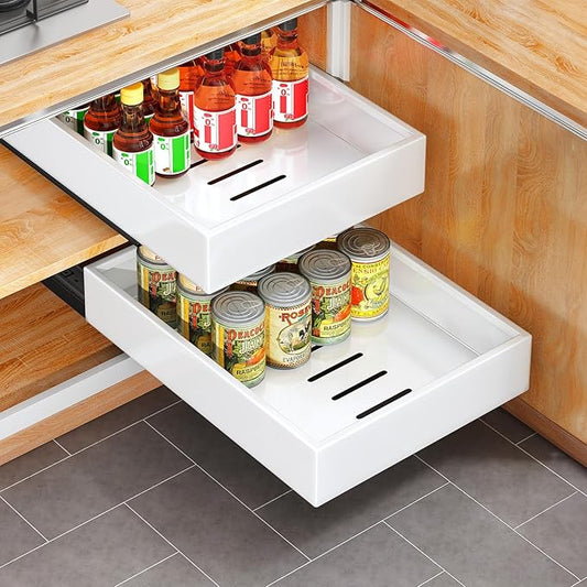 Pull Out Cabinet Organizer with Nano Adhesive, Heavy Duty Full-Extension Slide-Out Drawer for Kitchen Cabinet Organizers and Storage, No Drill Roll out Pantry Shelf, 11.8"W x 16.9"D x 3.1"H , White
