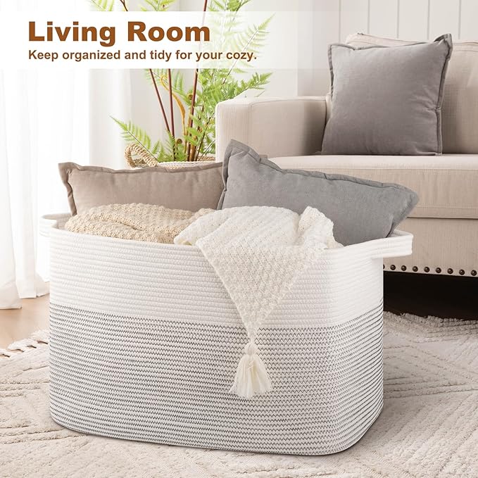 OIASKET XXXL Large Blanket Basket, 108L Storage Basket, Cotton Rope Baskets for Living Room, Toy Basket for Kids, Woven Baskets for Clothes, Towels, Pillows, 25" x 16" x 16", Black and White