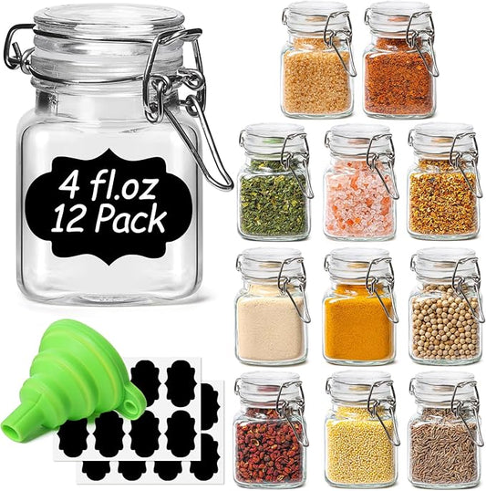 ComSaf Set of 12 Square Glass Spice Jars with Airtight Lids (4 Oz), Mini Favor Jars with Wire Clamp for Honey, Herbs & Farmhouse Kitchen Pantry Organization, with Funnel & Labels