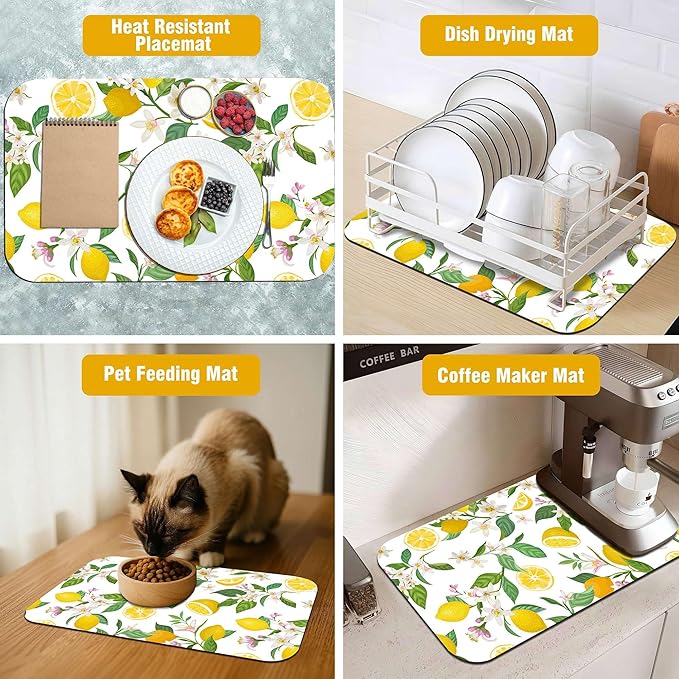 Lemon Floral Coffee Drying Mat 12" x 19", Non-Slip Absorbent Quick-Dry Mat, Coffee Station Accessory for Countertop Protection Decor