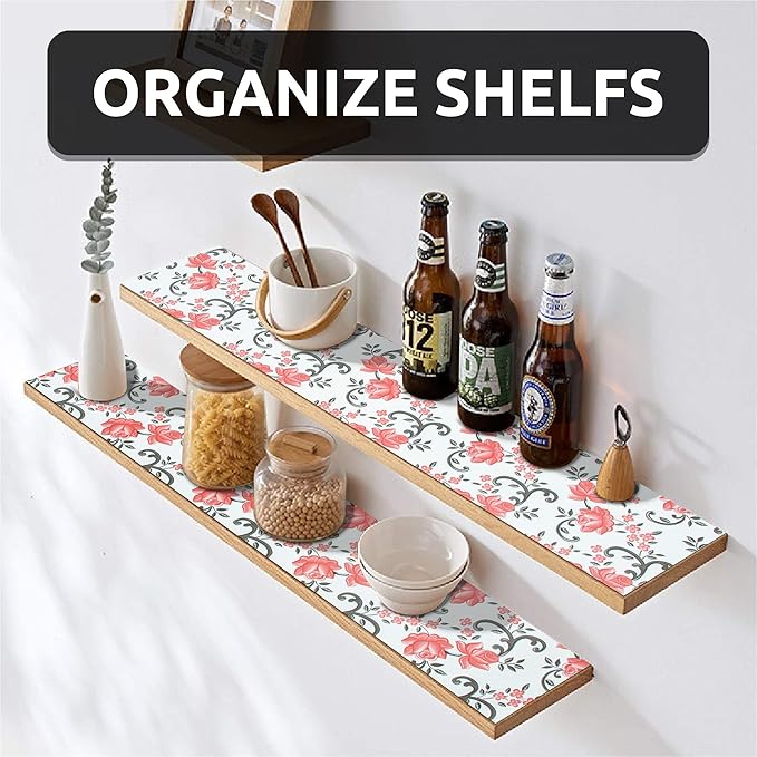 FIFTY FEET 12X120 Inch Shelf Liner for Kitchen Cabinets, PVC Drawer Liner for Dresser Non-Slip Bathroom, Non-Adhesive Cabinet Liner Washable (Red Floral)(5 Roll)