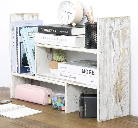 MyGift Adjustable Whitewashed Solid Wood Desktop Storage Organizer Display Shelf Book Rack, Office Desk Bookshelf