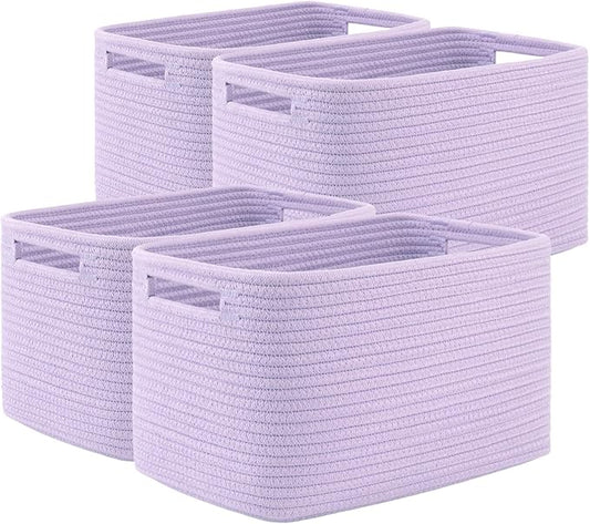 OIAHOMY 4 Pack Storage Baskets for Organizing, Cube Storage Bins for Shelves, Rectangle Storage Baskets With Handles, Woven Baskets for Storage, 12.7''Lx9''Wx7.8''H, Purple