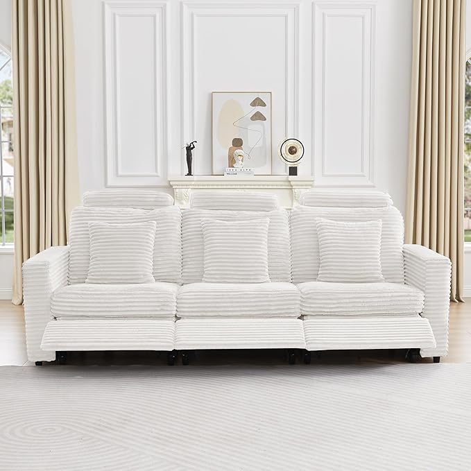 LEVNARY 3-Seater Modular Reclining Sofa, Faux Rabbit Fur Power Recliner Couch with 3 Electric Seats, 3 Pillows & Side Pockets, Adjustable Back & Footrest, Living Room Furniture (White)