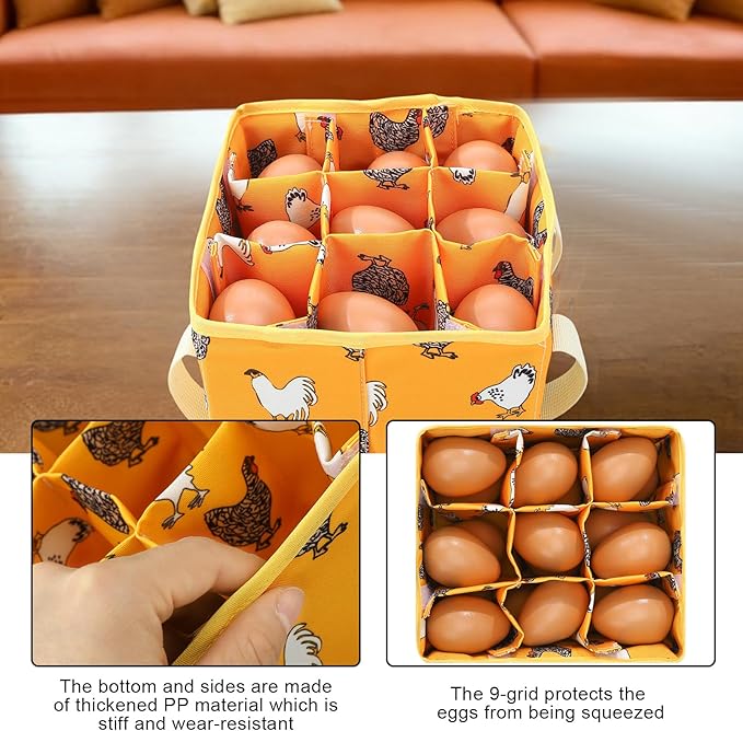 Removable Egg Collecting Basket, Egg Basket for Gathering Fresh Eggs with 9 Pouches, Foldable Canvas Egg Holder, Collector Egg for Chicken, Duck, Goose, Collection (Yellow-flowered Chicken)