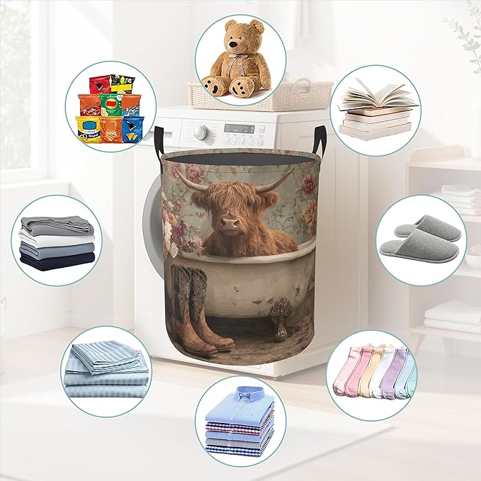 Vintage Highland Cow Floral Round Laundry Hamper Storage Basket Toys Clothes Organizer Bin For Home Bathroom Bedroom Dorm Nursery