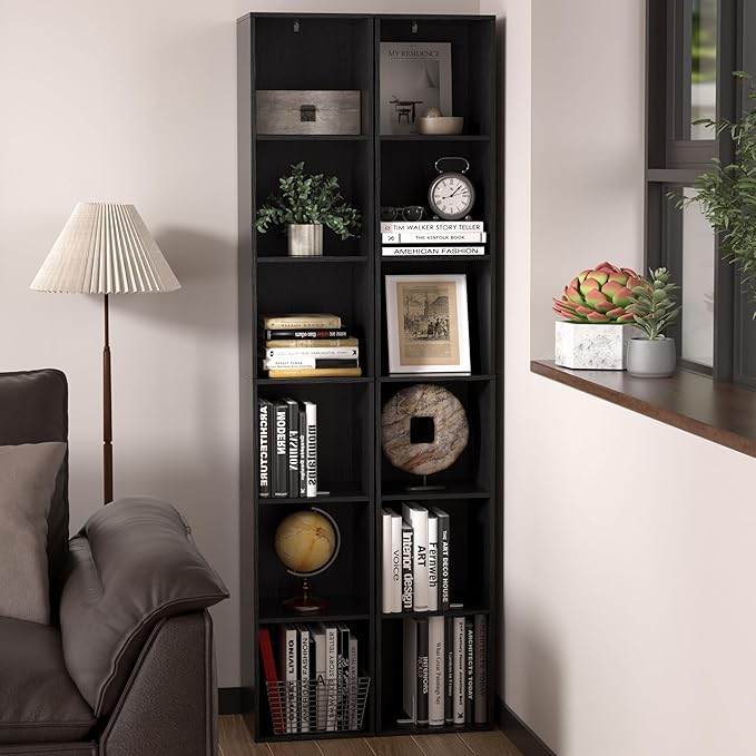 5 Cube Storage Organizer, Narrow Open Shelf Bookcase, Freestanding Low Display Bookshelf with Eco-Friendly Melamine Surface for Home Office, Bedroom, Living Room, Study, Black
