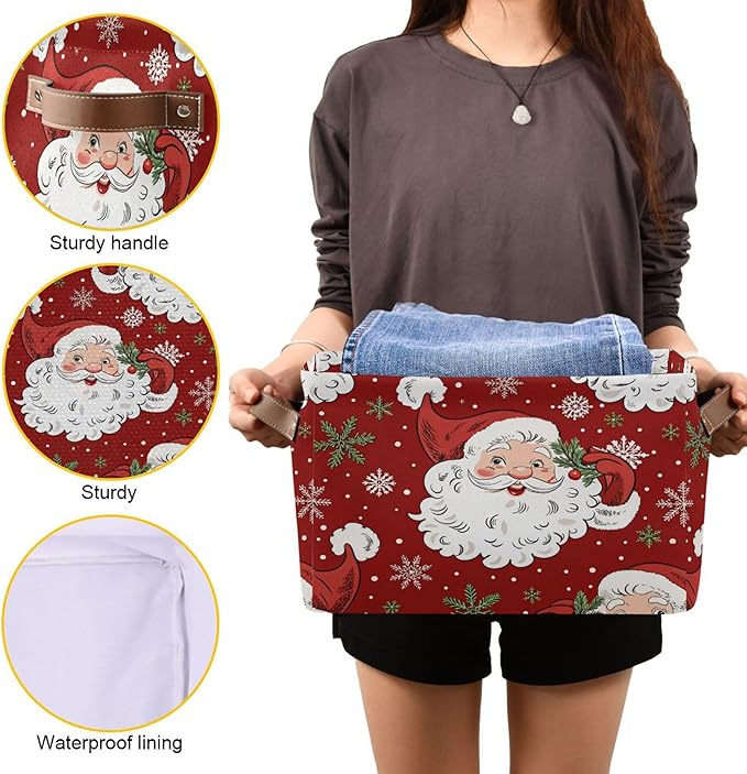 xigua Christmas Decoration Storage Basket Santa Collapsible Storage Bins Waterproof Canvas Storage Basket with Leather Handles for Home Closets Offices,Bedrooms,Gift Baskets,1PCS