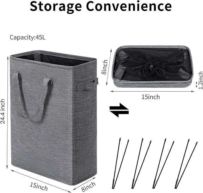ZERO JET LAG Slim Laundry Hamper With Handles Collapsible Laundry Basket Thin Dirty Clothes Basket Narrow Laundry Bag Foldable Dirty Cloth Hamper 45L (24 inches,Dark Grey)