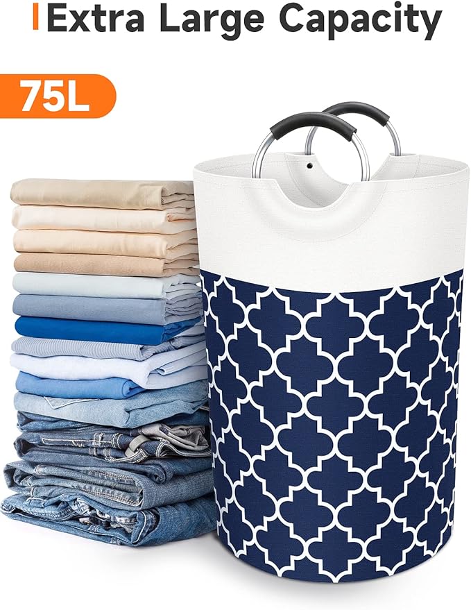 Fabspace Large Laundry Basket Laundry Hamper Bag Washing Bin Clothes Bag Collapsible Tall With Handles Waterproof Travel Bathroom College Essentials Storage For College Dorm, Family (Blue)75L