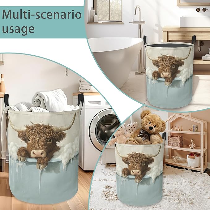 Highland Cow Bathing Round Laundry Hamper Storage Basket Toys Clothes Organizer Bin For Home Bathroom Bedroom Dorm Nursery