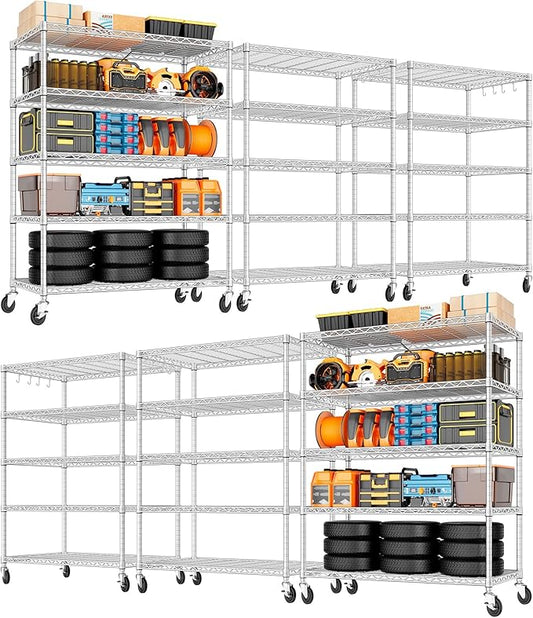 PrimeZone 5 Tier 48" Wx24''Dx81''H Wire Shelving with Wheels 3000lbs NSF Storage Shelves Heavy Duty Metal Shelf Adjustable Rolling Rack Commercial Garage Restaurant Warehouse Kitchen Chrome 6Pack