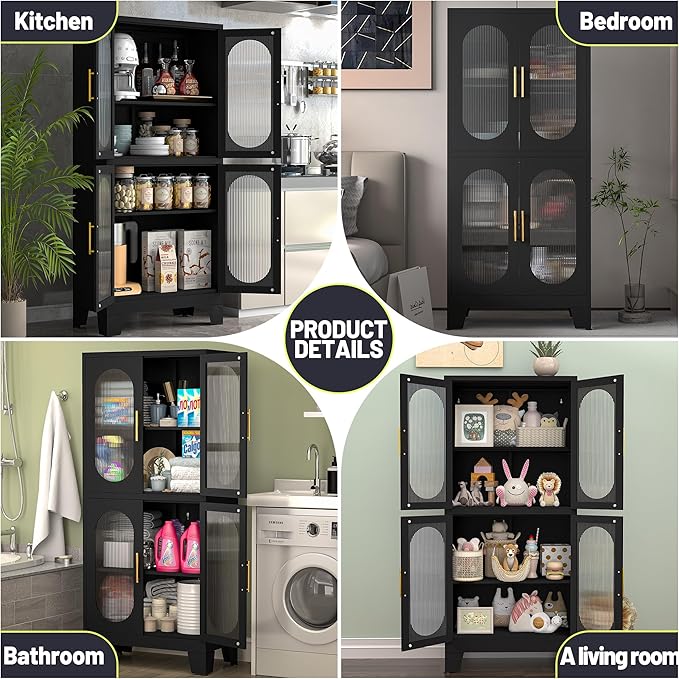 PAOFIN 61" Black Pantry Storage Cabinet, Kitchen Pantry Cabinet with Acrylic Glass Doors and Shelves, with Adjustable Leveling Foot for Kitchen, Living Room and Dining Room. 61"