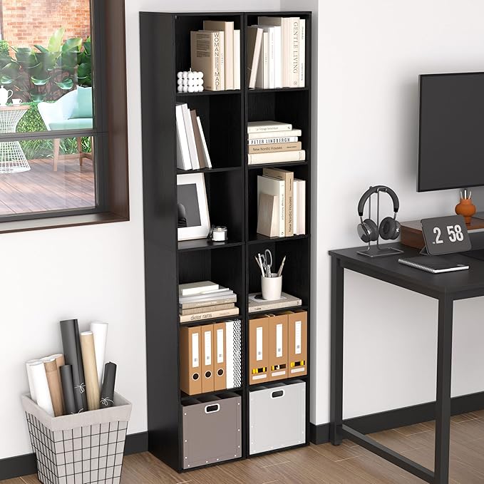 5 Cube Storage Organizer, Narrow Open Shelf Bookcase, Freestanding Low Display Bookshelf with Eco-Friendly Melamine Surface for Home Office, Bedroom, Living Room, Study, Black