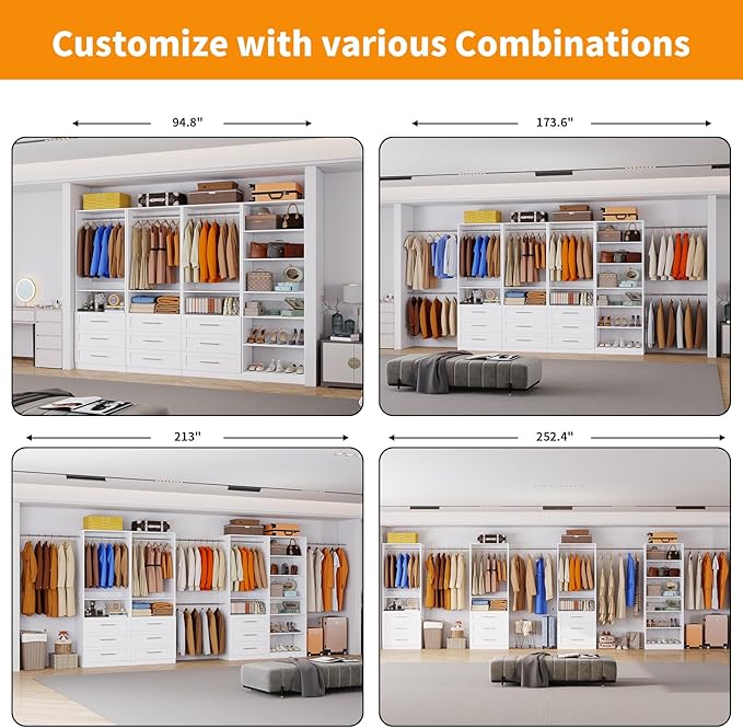 Closet System with 4 Sets, 8FT-21FT Closet Organizer Systems with 9 Wooden Drawers 9 Shelves & 5 Hanging Rods, Walk in Closet freestanding Small Corner Modular Closet Storage System White (8FT)