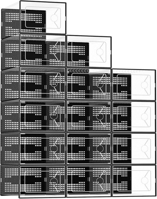 DUMOS Shoe Storage Boxes, 15 Pack Stackable Clear Shoe Containers with Lids, Display Sneaker Case Organizer for Closet, Under Bed, Entryway,Black (Fit Size 11)