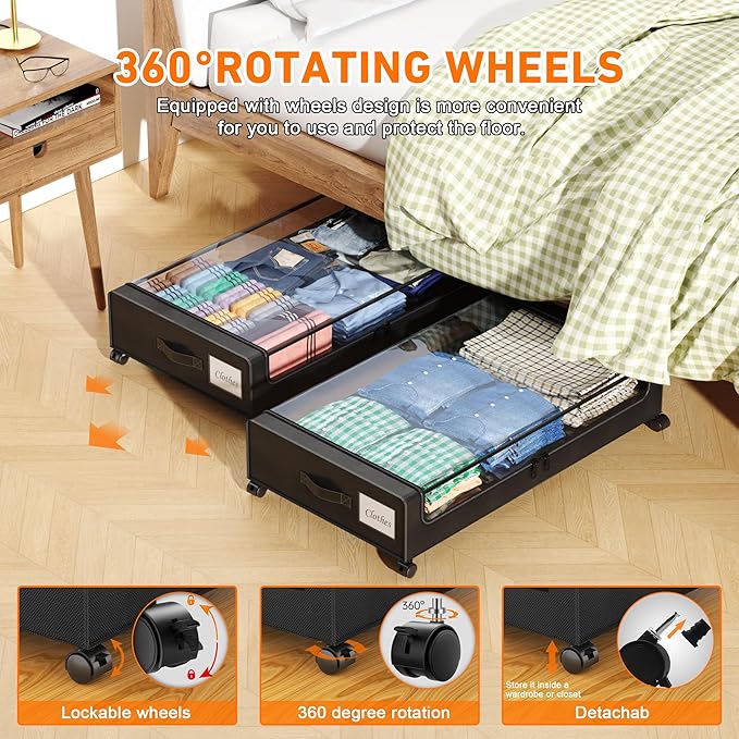 Under Bed Storage with Wheels, 2 Pack Under Bed Storage Containers with Dividers & Clear Lids, XXL 65L Under the bed storage Organizer Bins, Underbed Storage with Wheels for Clothes (Black, 2 Pack)