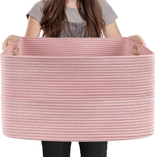 MEGASKET Extra Large Pink Storage Basket, 23.6" x 17" x 12" Rectangle Blanket Basket Living Room, Woven Cotton Rope Basket, Toy Basket Bins, Pink Baskets for Decor, Wicker Baby Laundry Basket