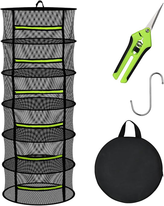MEKOLIFE Herb Drying Rack with Mesh Design, Hanging Drying Rack with Green Zipper & Garden Pruning Shears – Versatile Plant Drying Solution (6 Layers)