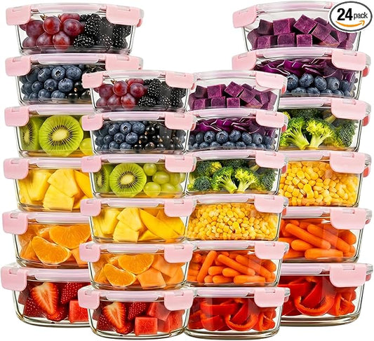 Konokyo Round Glass Food Storage Containers with Lids, 24 Pack Airtight Leakproof Meal Prep Containers, BPA-Free, Microwave Oven Freezer & Dishwasher Safe, Assorted Sizes