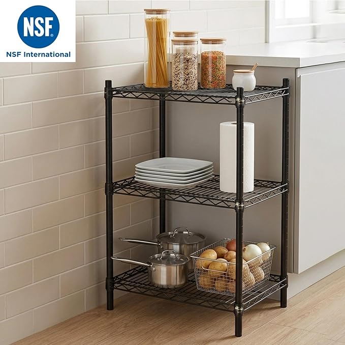 APLSS 14" D x 24" W x 34" H Black Heavy Duty Wire Shelving with 3 Tier Shelves, NSF Certified, Height Adjustable, Wet&Dry Environments, for Kitchen Garage Walk-in Cooler&Freezer, 800lbs Capacity