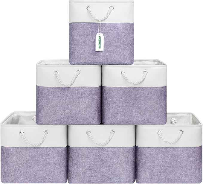 ECDYQXVU 13x13 Inch Cube Storage Bins with Reinforced Bottom Cardboard, 6 Pack Large Foldable Fabric Storage Cubes with Handles for Shelf, Closet, Laundry Organization (White&Purple)