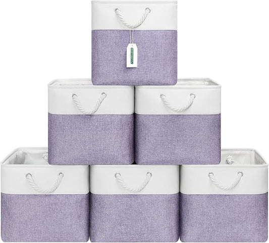 ECDYQXVU 13x13 Inch Cube Storage Bins with Reinforced Bottom Cardboard, 6 Pack Large Foldable Fabric Storage Cubes with Handles for Shelf, Closet, Laundry Organization (White&Purple)