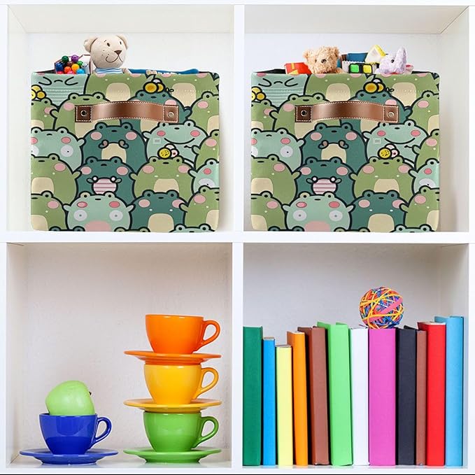 xigua Kawaii Frogs Storage Basket Collapsible Storage Bins Waterproof Canvas Storage Basket with Leather Handles for Home Closets Offices,Bedrooms,Gift Baskets,1PCS