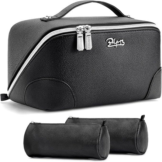 BOYATU Travel Makeup Bag Cosmetic Bags for Women: 3 Pcs Set Large Capacity Make up Bag with Handle - Waterproof Vegan Leather Toiletry Bags Travel Essentials with Compartments(C-2-Black)