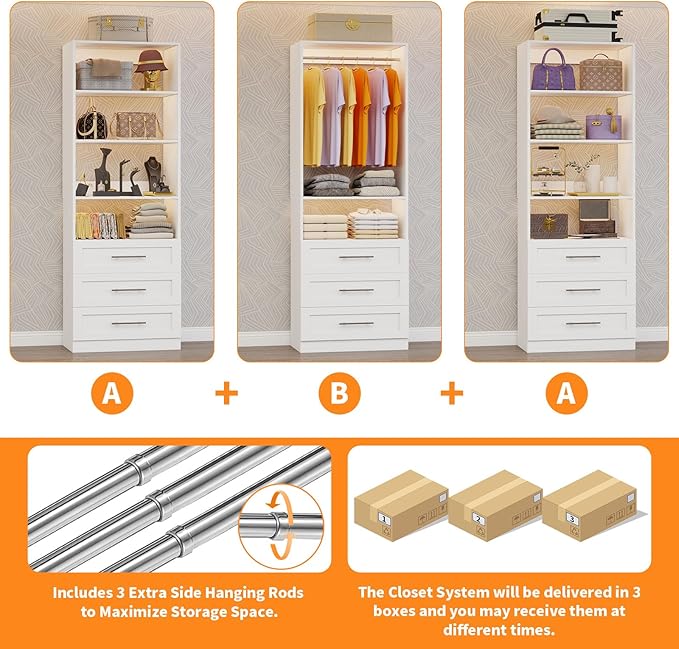 Closet System with 3 Sets, 6–16 FT Closet System with 9 Drawers, 9 Shelves & 4 Adjustable Hanging Rods, Max 189.3" Closet Organizer Systems for Walk-in Closets, Modular Custom Closet Tower, White