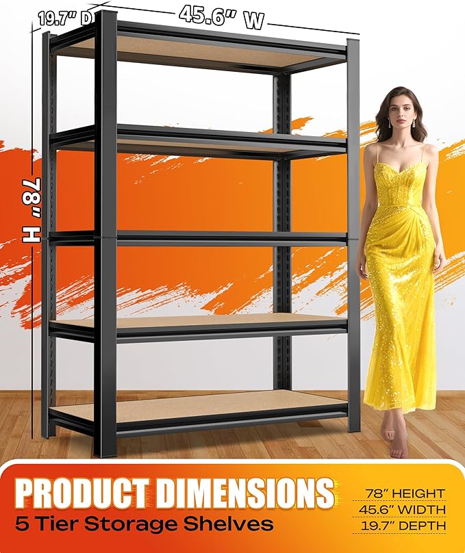 AOARGG Set of 2 Heavy Duty Garage Shelving 5T Storage Shelves, Metal Adjustable Shelving Unit, Utility Garage Organizer Shelf for Basement, Pantry, Kitchen, Warehouse, 19.7" Dx45.6 Wx77.9 H, Black