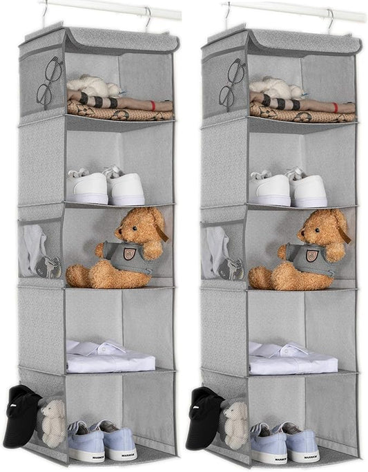 BrilliantJo 5 Shelves Hanging Closet Organizer, 2 Pack Hanging Storage with 6 Side Pockets for Clothes Bags, 43"x12"x12"(Light Gray)