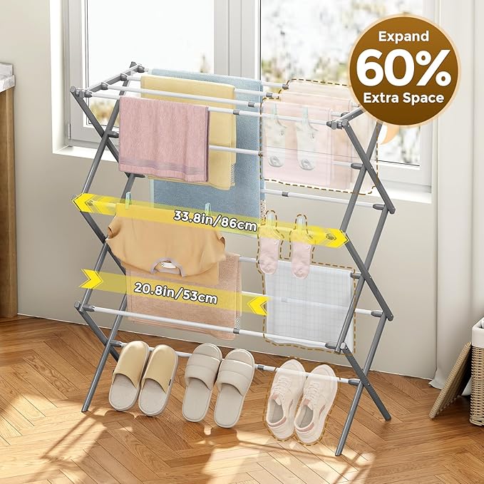 KINGBOARD Clothes Drying Rack, Collapsible Drying Rack Clothing with 11 Poles, 3-Tier Laundry Drying Rack, Small Clothes Drying Rack Foldable for Baby Clothes, 25lb Capacity, White & Grey